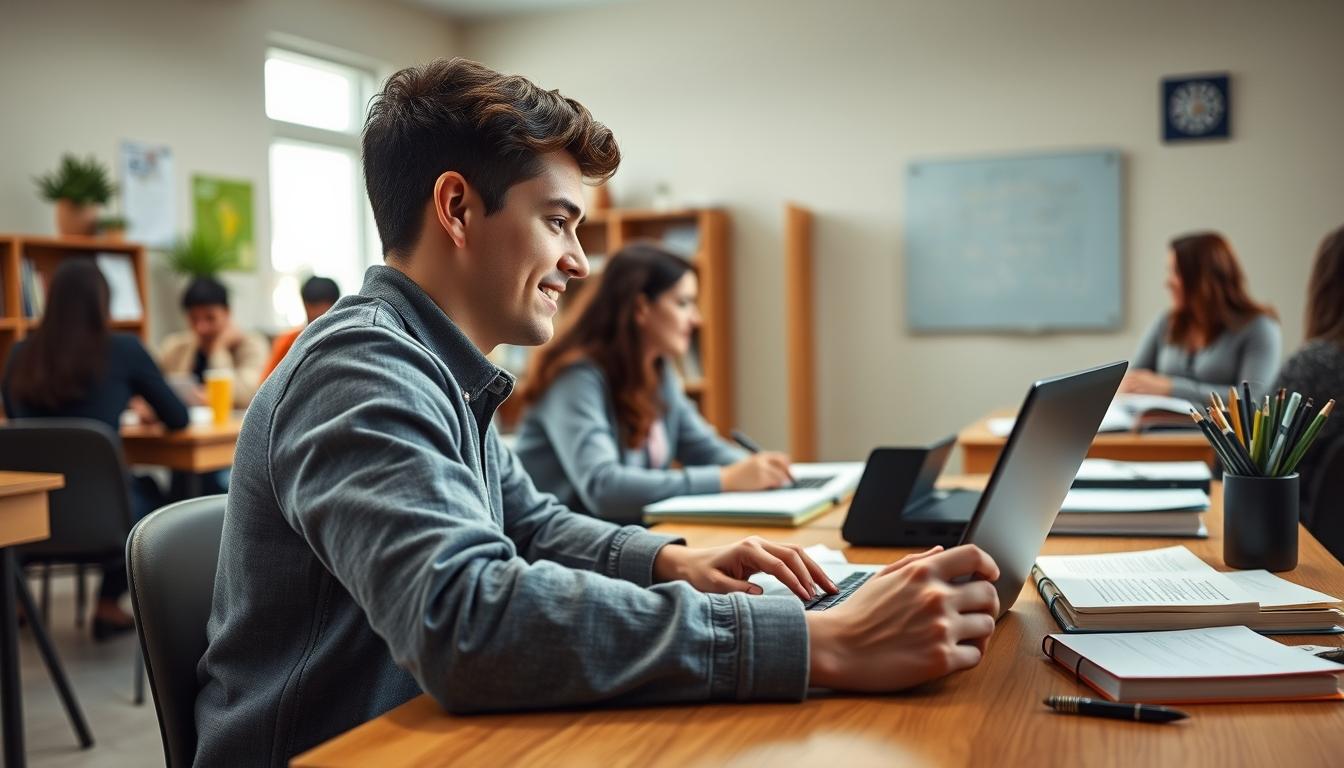 Students studying together in modern classroom